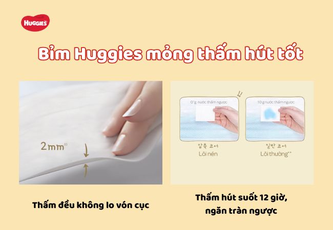 Bỉm Huggies có lớp bề mặt siêu thấm