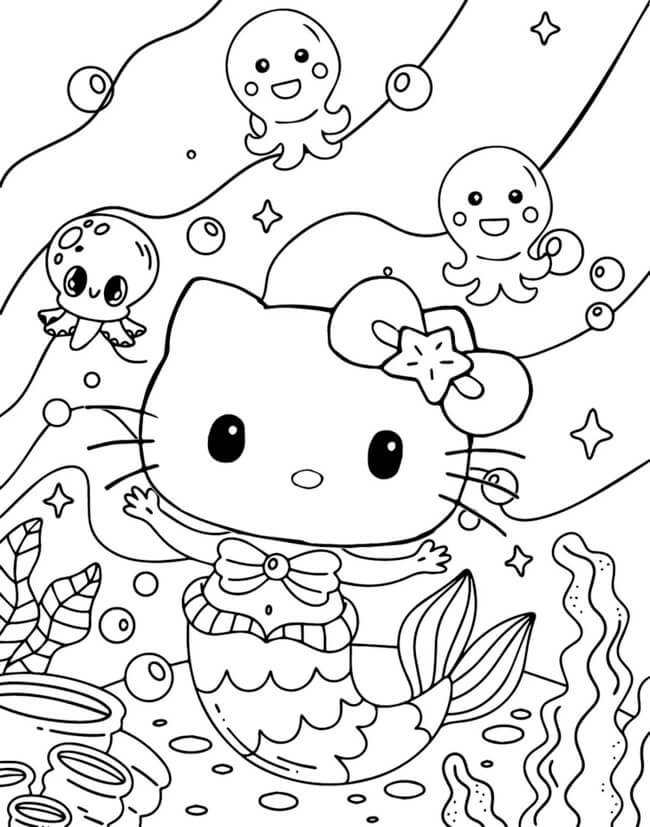 Tranh tô màu Hello Kitty nàng tiên cá 1