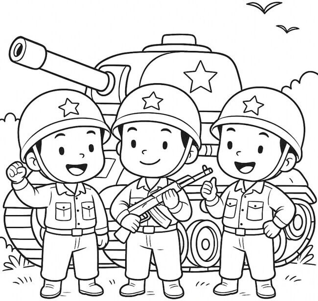 Tranh tô màu chú bộ đội và xe tăng, máy bay 7