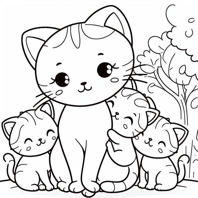 Tranh tô màu gia đình mèo cực cute 3