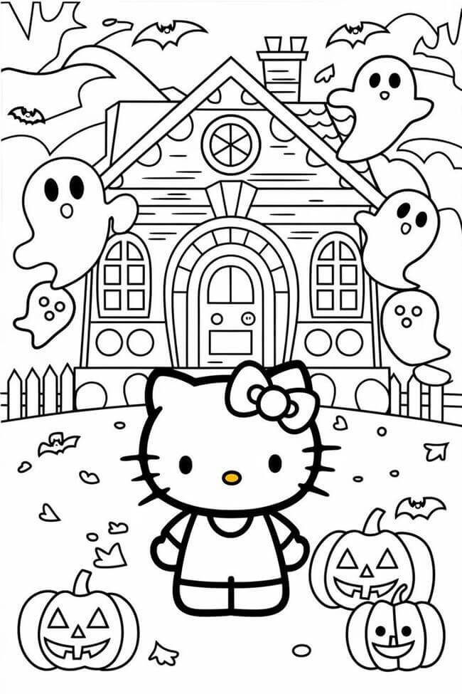 Tranh tô màu ngôi nhà Hello Kitty 1